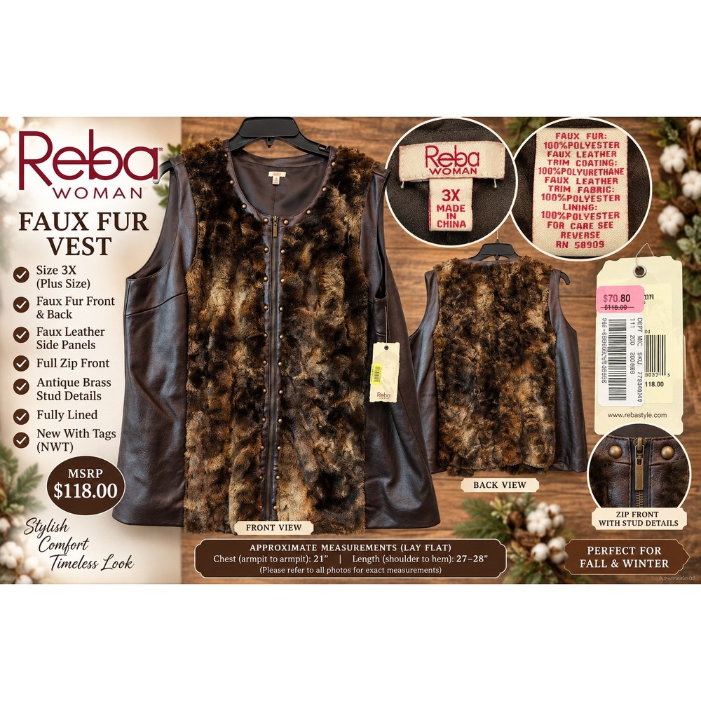 Reba Woman Brown Faux Fur Leather Vest Zip Front Studded Plus Size 3X NWT